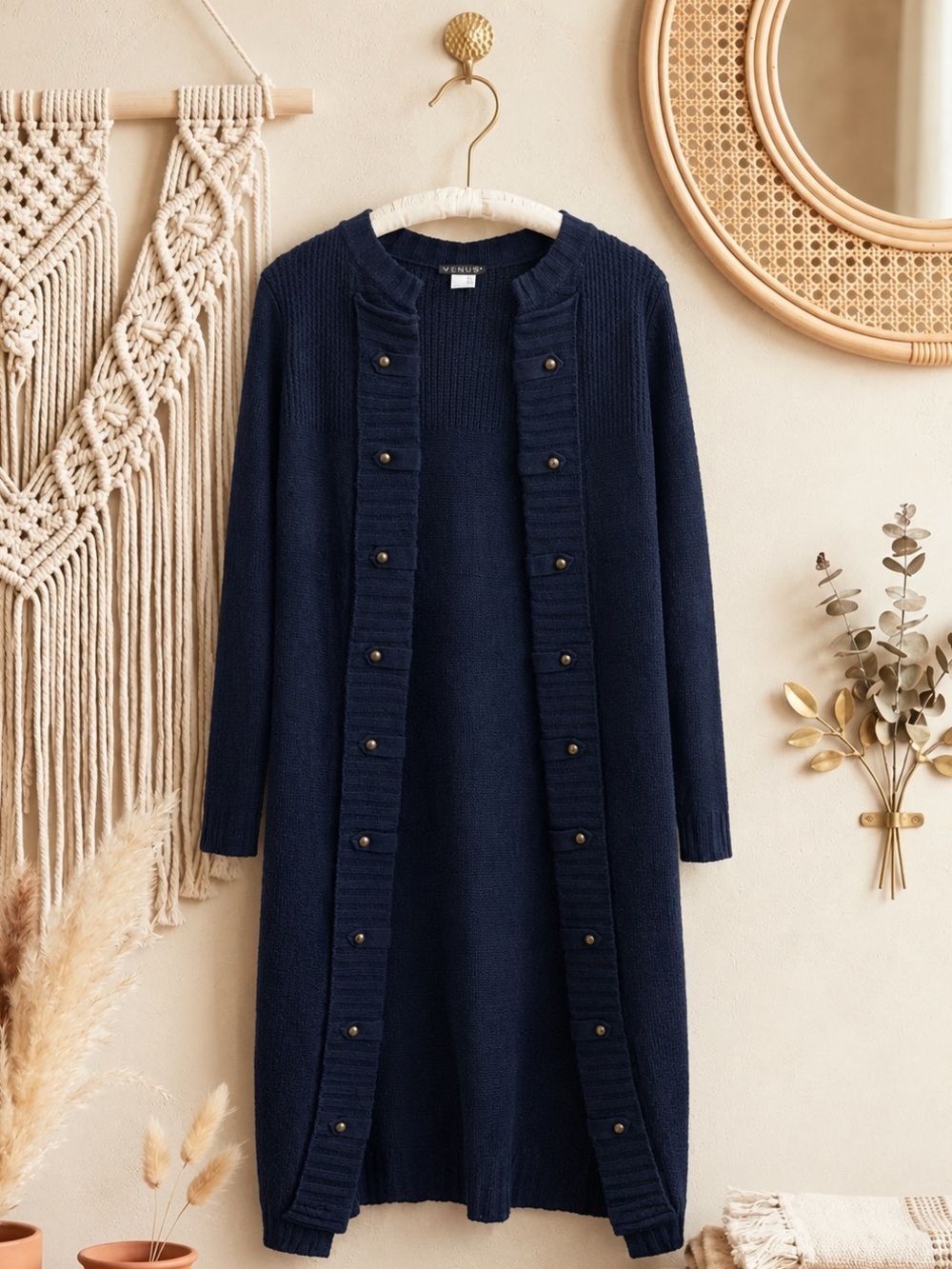 VENUS Navy Long Rib-Trim Button-Front Cardigan